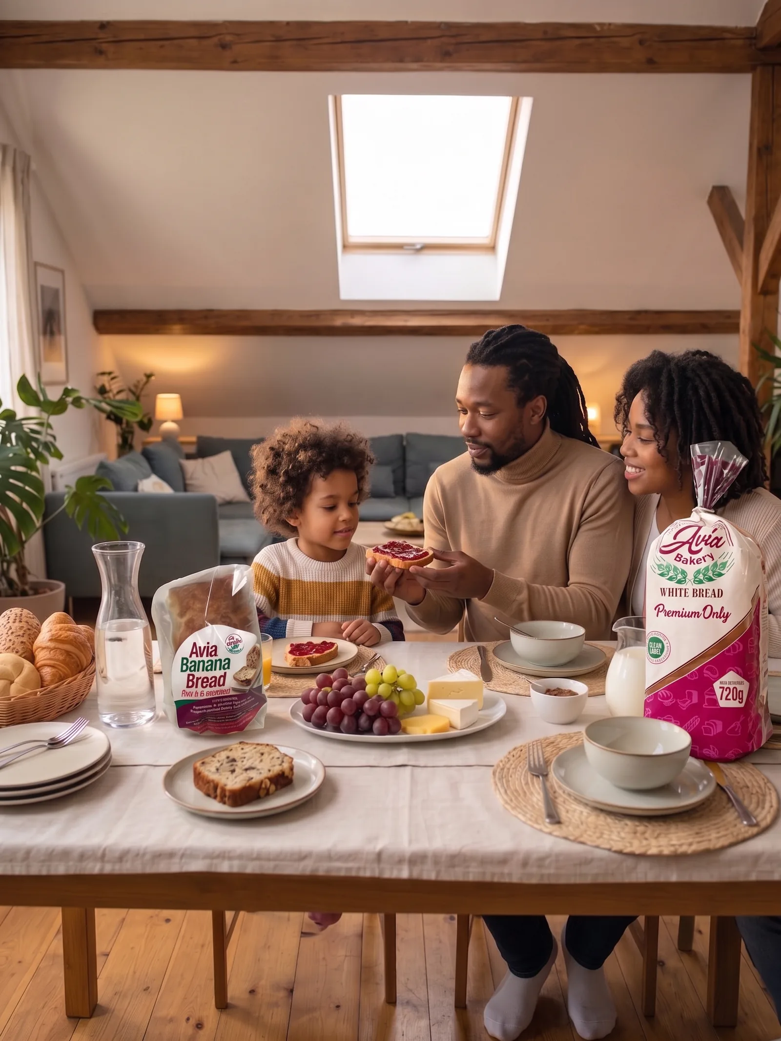 A family sharing Avia Bakery clean label white bread at the breakfast table